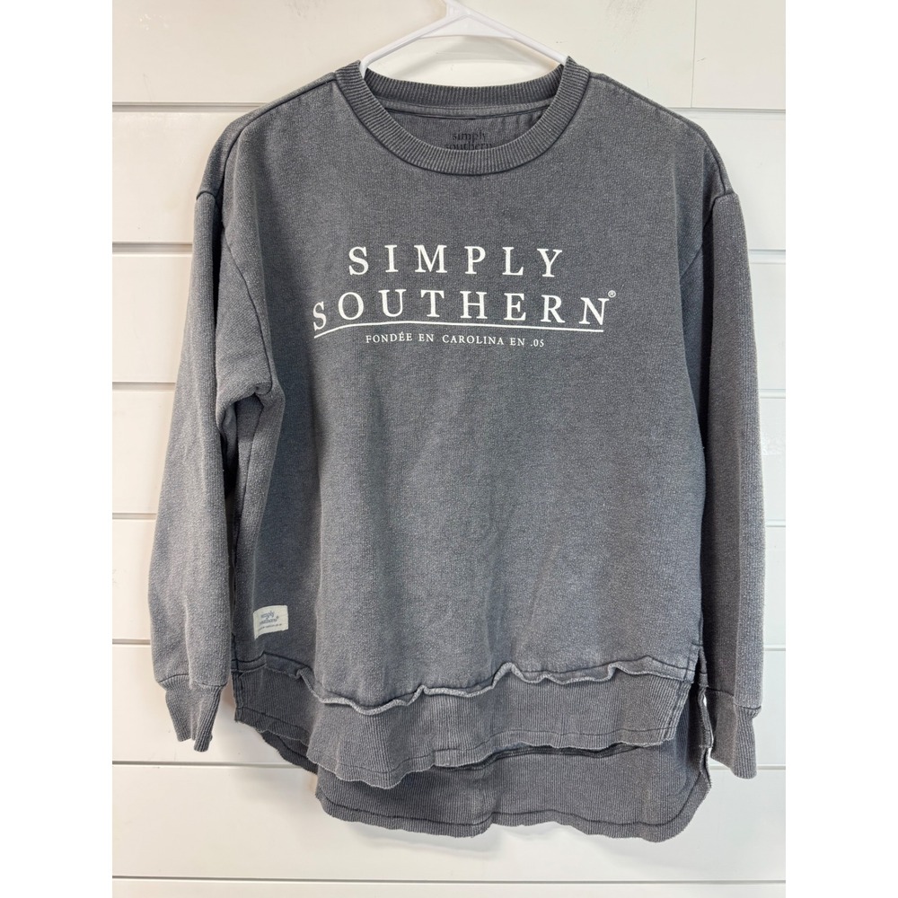 Simply Southern Womens Medium Gray Acid Wash High Low Sweatshirt Pullover